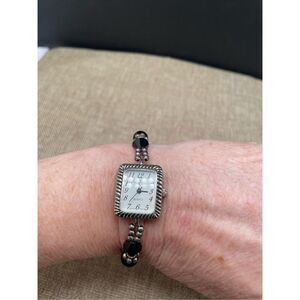 Vintage Geneva Womens Watch Black and Silver Beaded Band Working